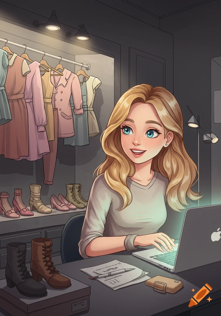 Animated young blonde woman with blue eyes smiling, typing on a laptop at a desk with shoes and clothing racks in the background.