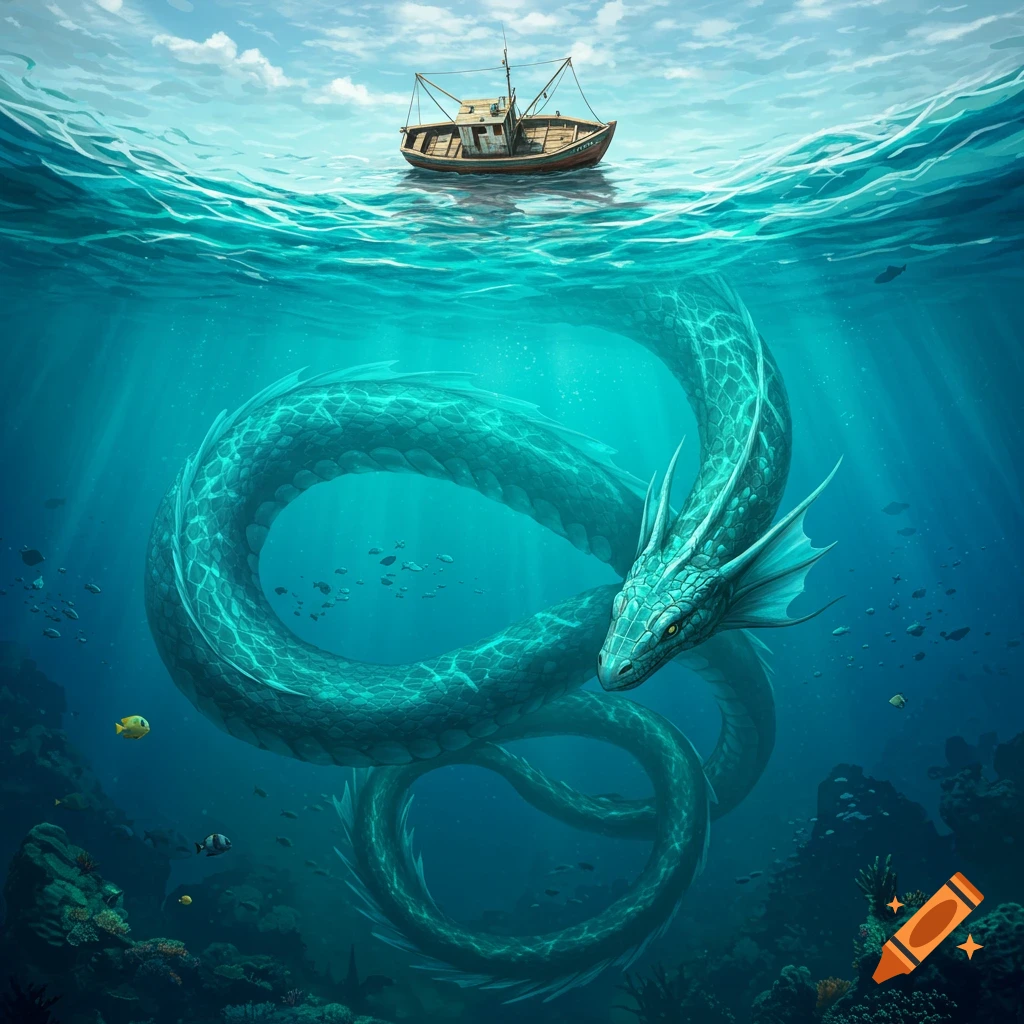 A large turquoise sea serpent coils beneath a wooden fishing boat, seen from a split view above and below the ocean's surface.