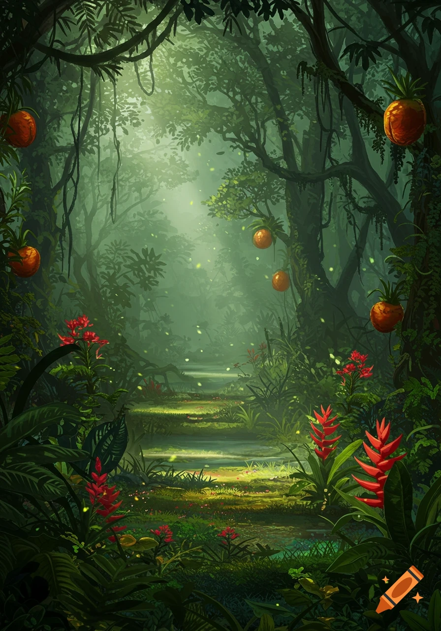 Lush, vibrant jungle scene with a path, red tropical flowers, and orange, pineapple-like fruits hanging from trees. Light filters through the canopy.