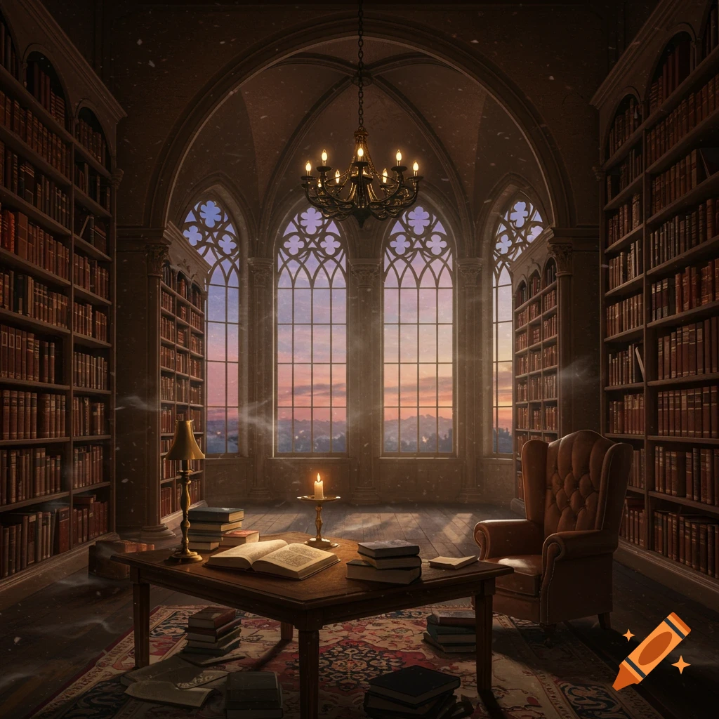 A grand, dimly lit gothic library with tall arched windows showing a sunset sky, bookshelves lining the walls, a table with an open book, and an armchair.