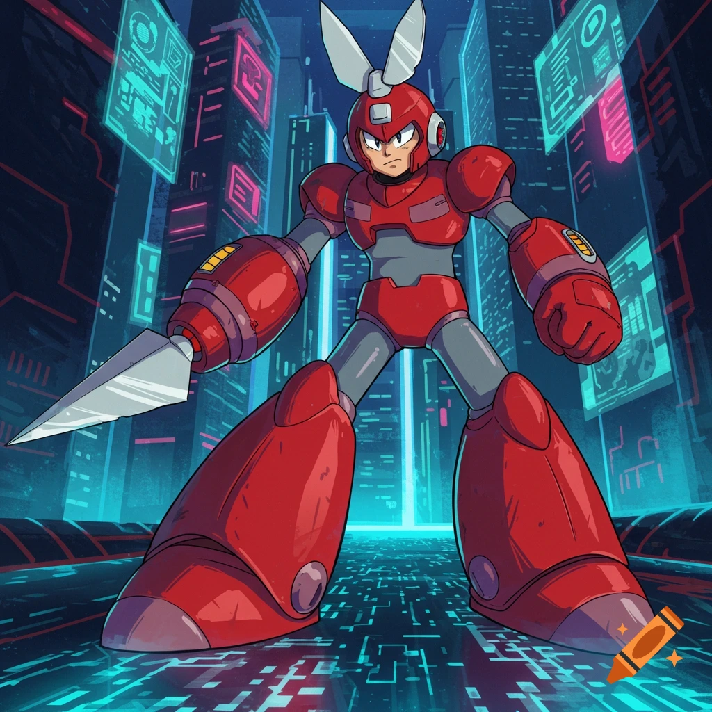 Cut Man, a red robot from Mega Man with bunny ears and a blade arm, stands in a neon futuristic city, comic style.