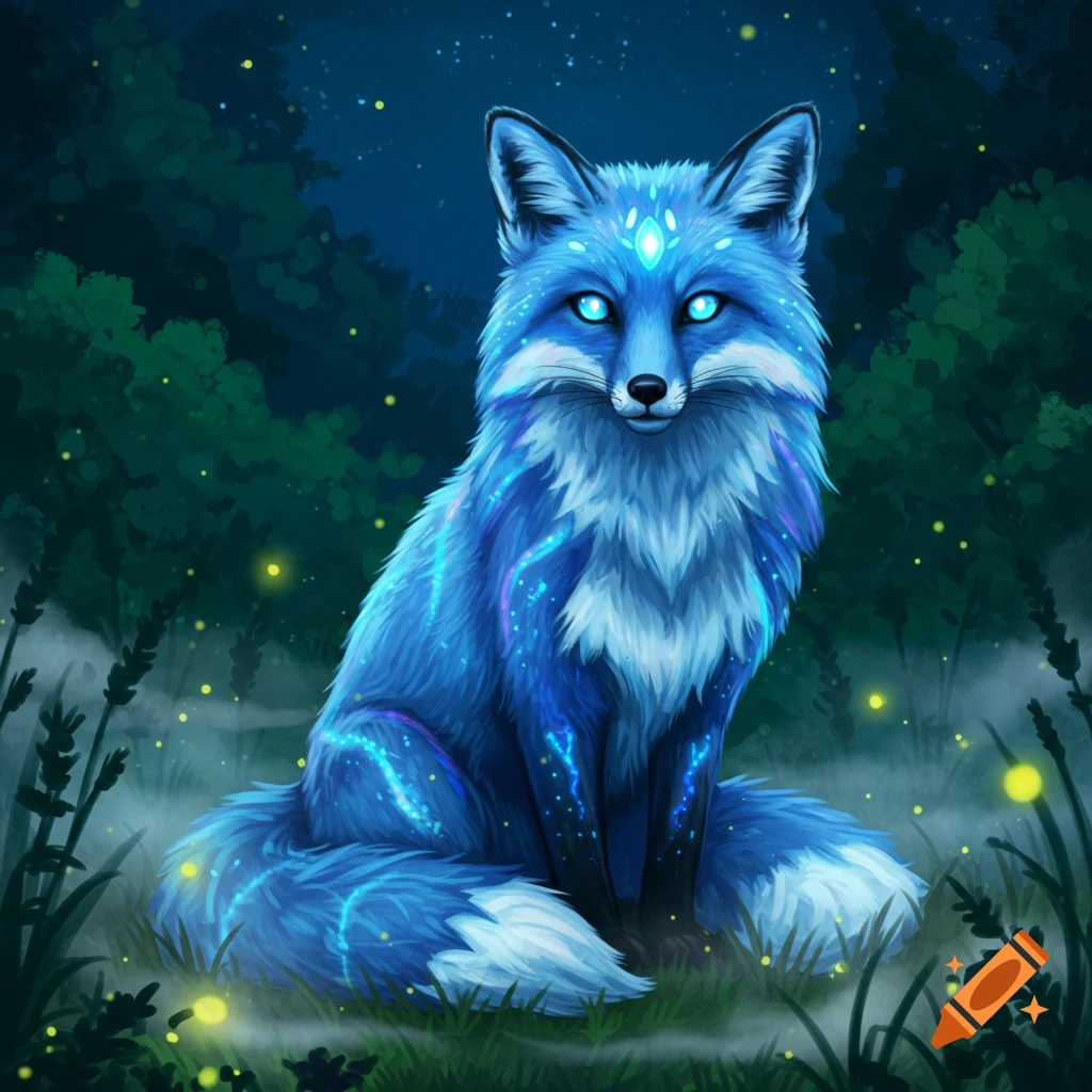 An illustration of a vibrant blue fox with glowing eyes and luminous patterns on its fur, sitting in a mystical dark forest with fireflies.