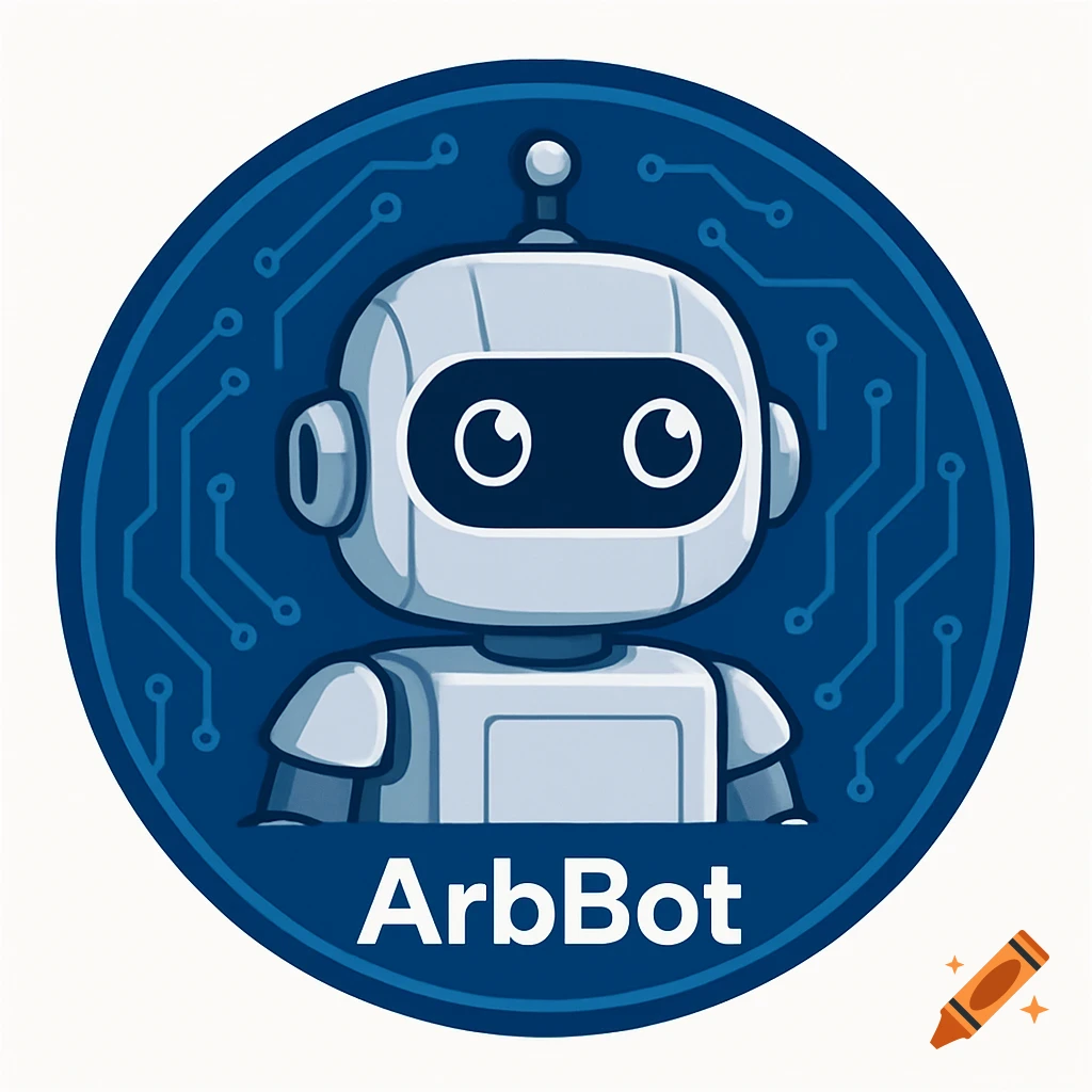 A cartoon robot head in a blue circular icon with circuit patterns, featuring the text 'ArbBot' below it.