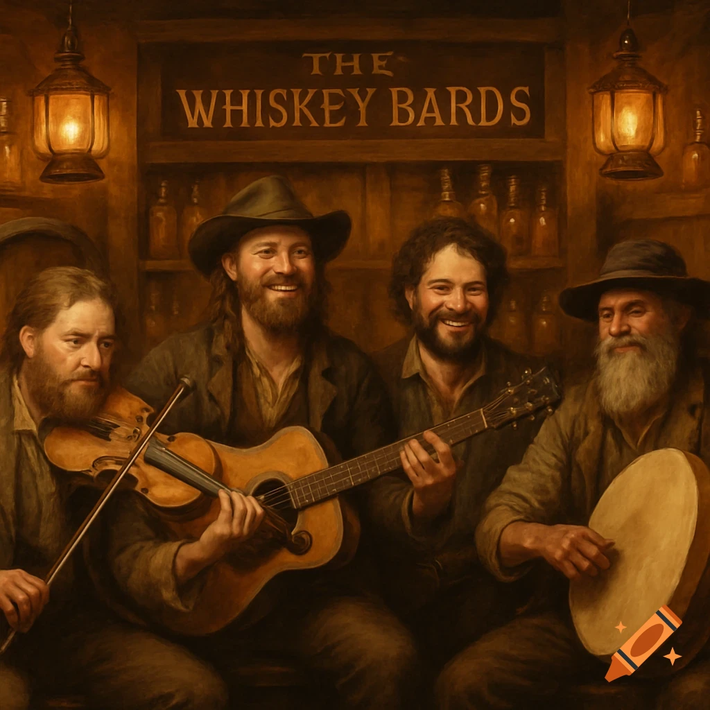 Four bearded men, 'The Whiskey Bards', play folk music with violin, guitar, and bodhrán in a rustic tavern. Painted style.