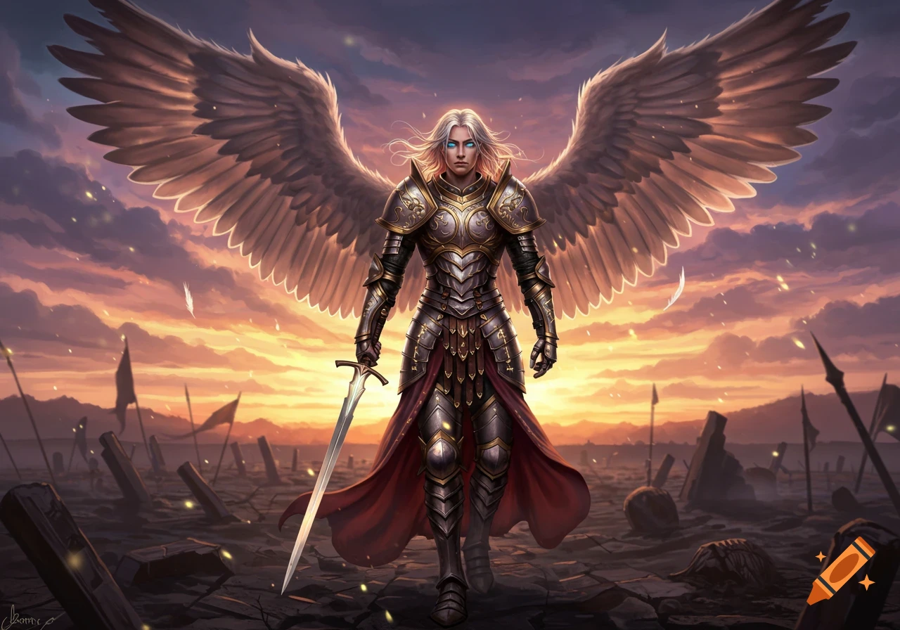 A majestic angel warrior with large wings and gleaming armor stands with a sword in a desolate battlefield at sunset.