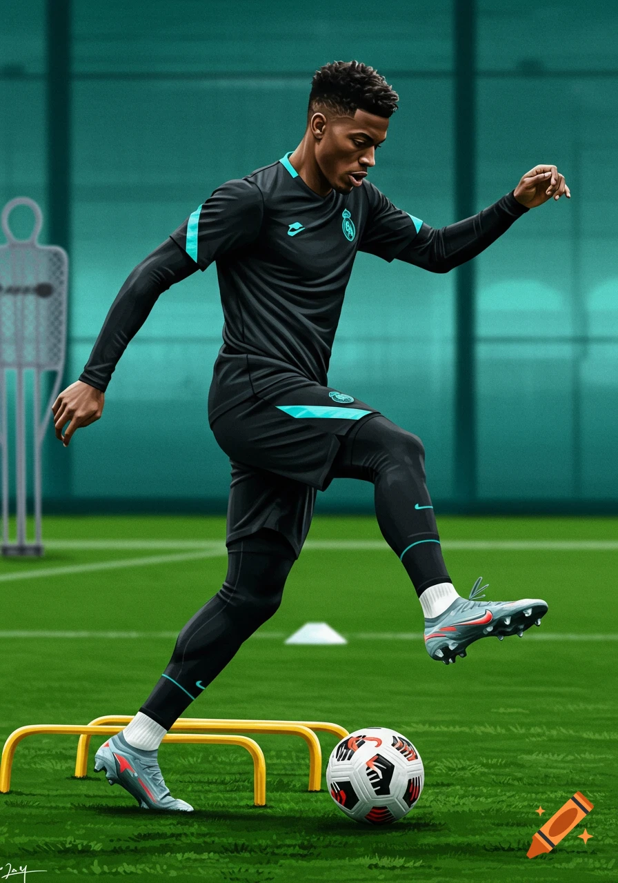 A male soccer player in a black and cyan uniform trains on a green field, stepping over hurdles with a soccer ball in a stylized illustration.