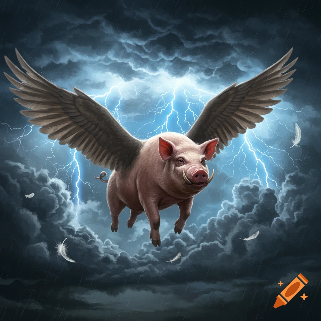 A pink pig with large brown wings flies fiercely through a dark, stormy sky with bright lightning bolts and rain.