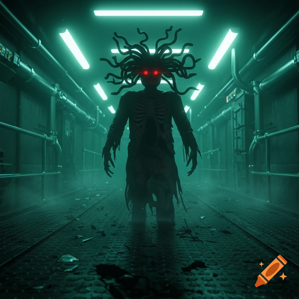 A terrifying skeletal monster with tentacled hair and glowing red eyes stands in a dark, misty sci-fi corridor with neon lights.