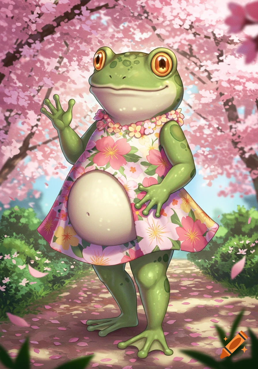 Anime-style frog with a big belly and a floral dress waves while standing on a path under pink cherry blossom trees.