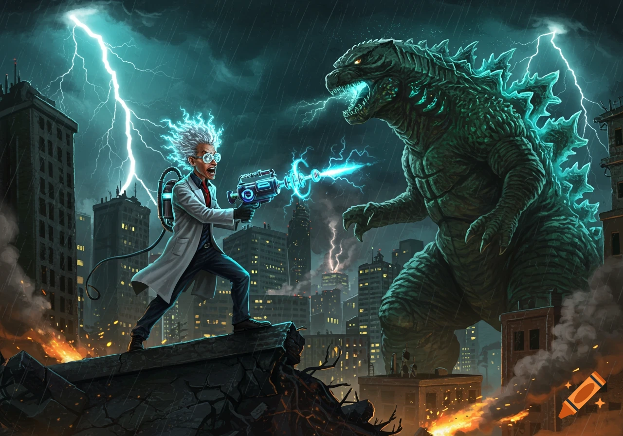 A mad scientist with wild hair and goggles, wearing a lab coat, uses a ray gun against a towering Godzilla in a lightning-stormy, destroyed city.