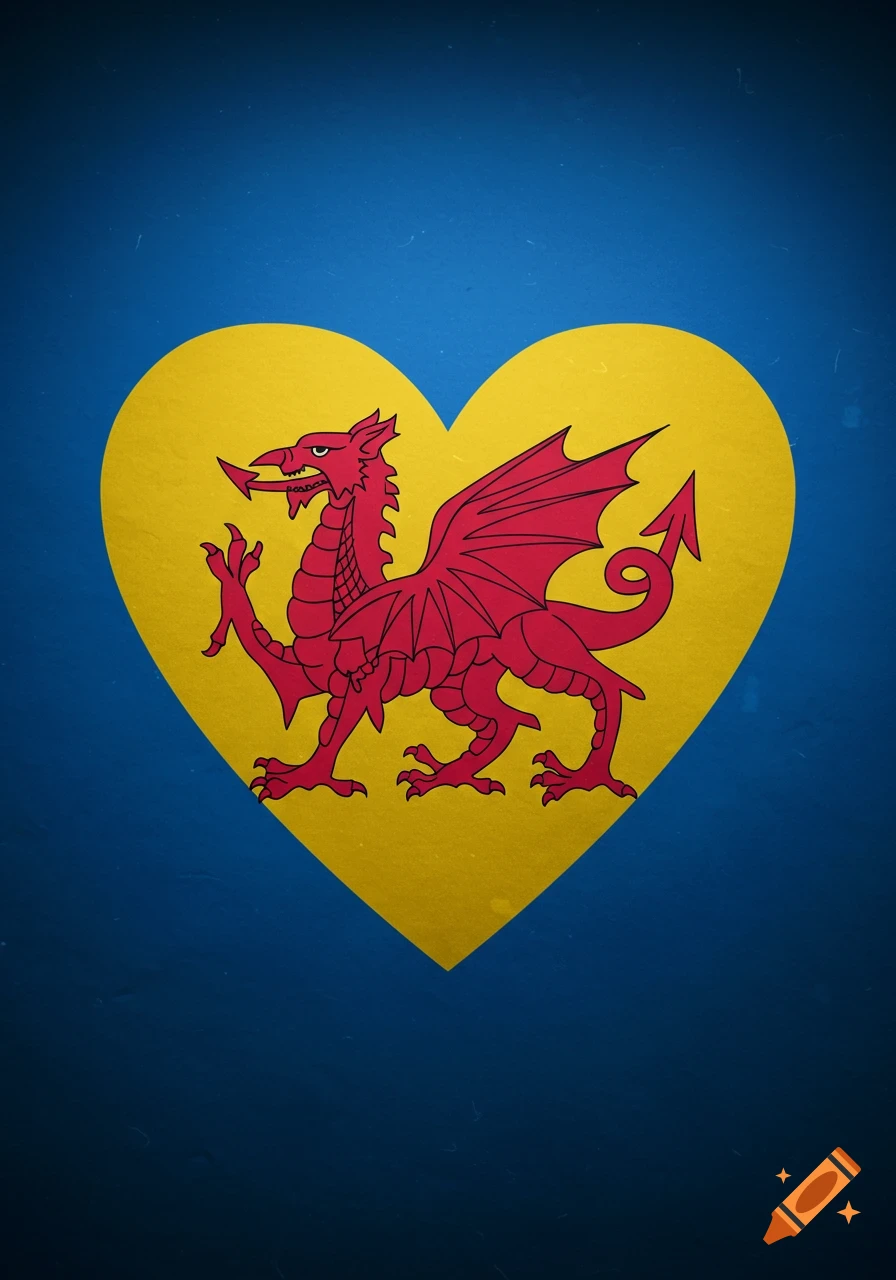 A red Welsh dragon symbol inside a yellow heart on a dark blue background.
