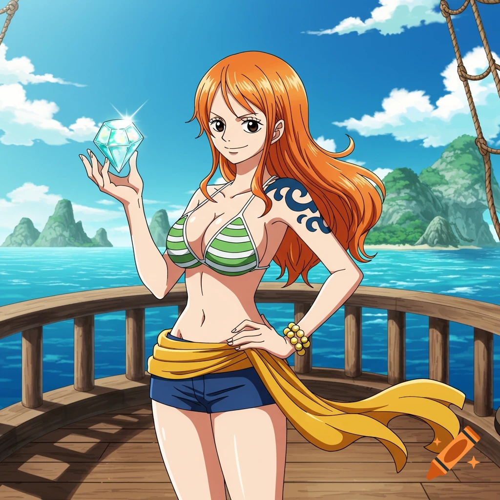 Anime character Nami from One Piece on a ship deck, holding a sparkling diamond, with ocean and islands behind her.