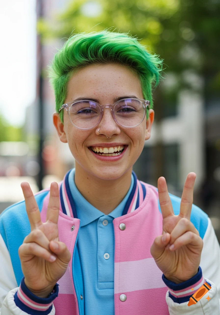 A cheerful young person with bright green hair, glasses, and a transgender pride flag varsity jacket makes a peace sign. Photorealistic.