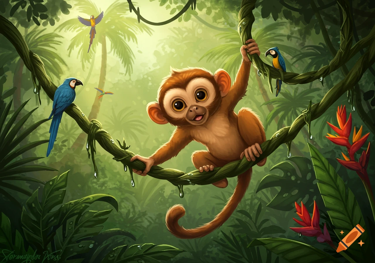 A cute cartoon monkey with big eyes swings on a vine in a lush green jungle with colorful parrots and tropical flowers.