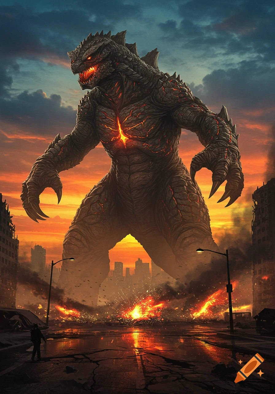 A massive, glowing red Kaiju stands in a devastated city street at sunset, with explosions and smoke.