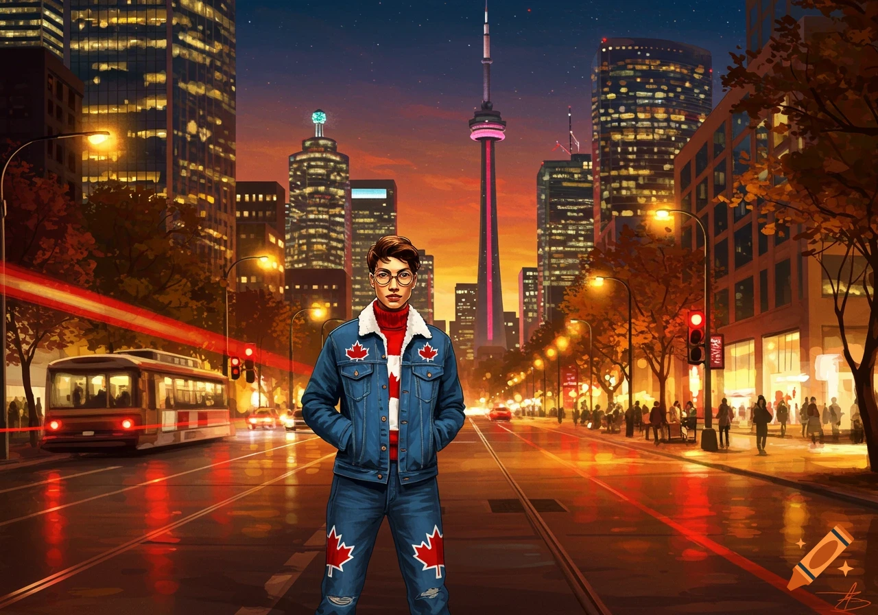 A person in a denim jacket with Canadian maple leaves stands on a Toronto street at dusk, with the CN Tower and city lights behind them. Illustrated.