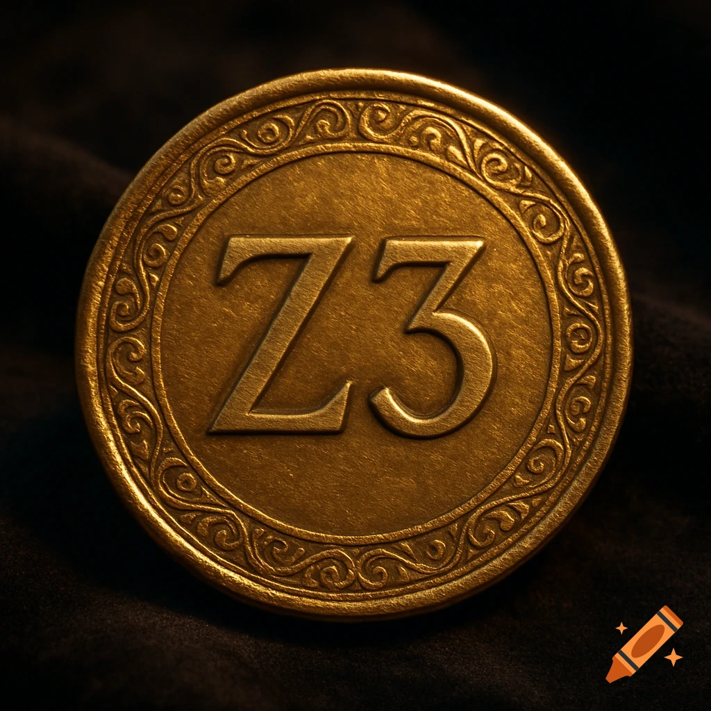 A close-up, photorealistic image of a circular gold coin with the letters Z3 embossed in the center, surrounded by an ornate swirling pattern.