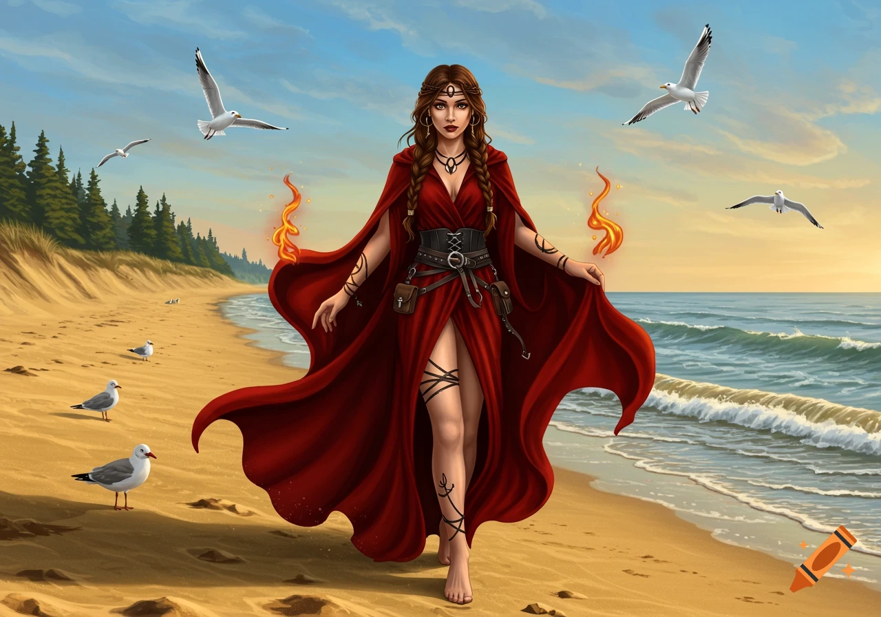 A fantasy woman in a long red dress with flames on her shoulders walks barefoot on a sandy beach with seagulls and ocean.