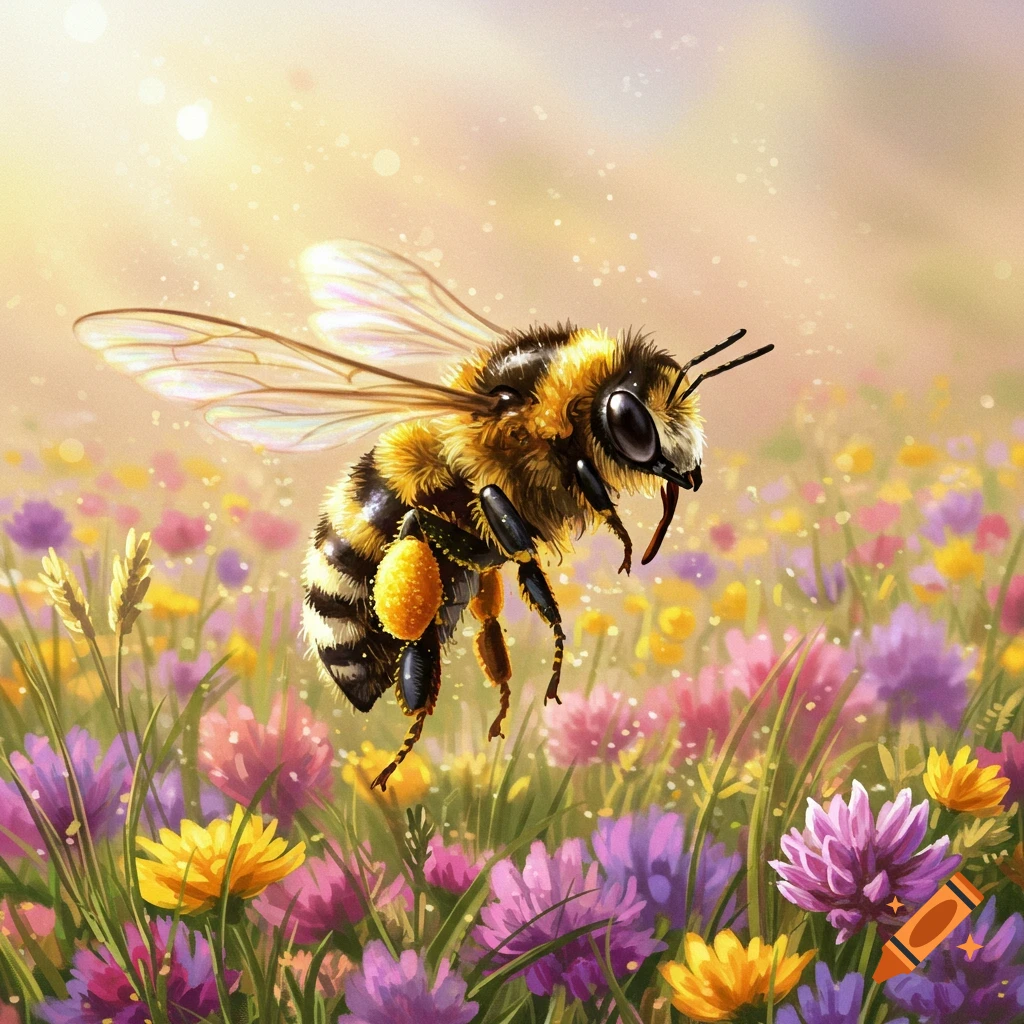 A fluffy bee with pollen on its legs flies over a vibrant field of pink, purple, and yellow flowers under a bright sun.