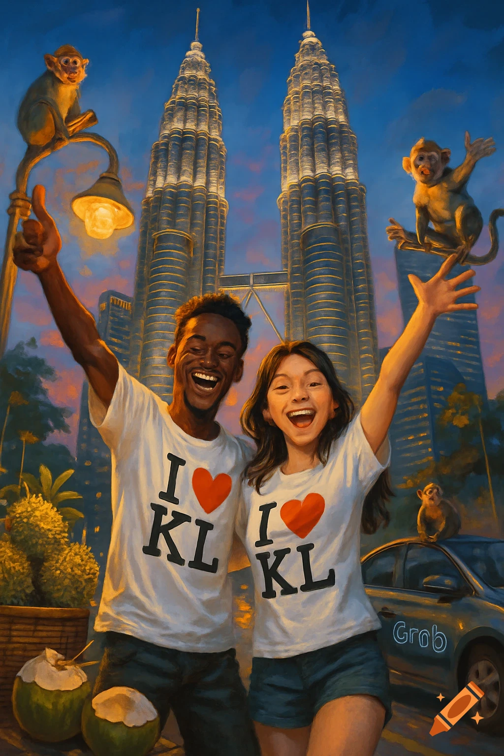 A man and woman wearing 'I ❤️ KL' shirts cheer in front of the illuminated Petronas Twin Towers at dusk, with monkeys and a Grab car.