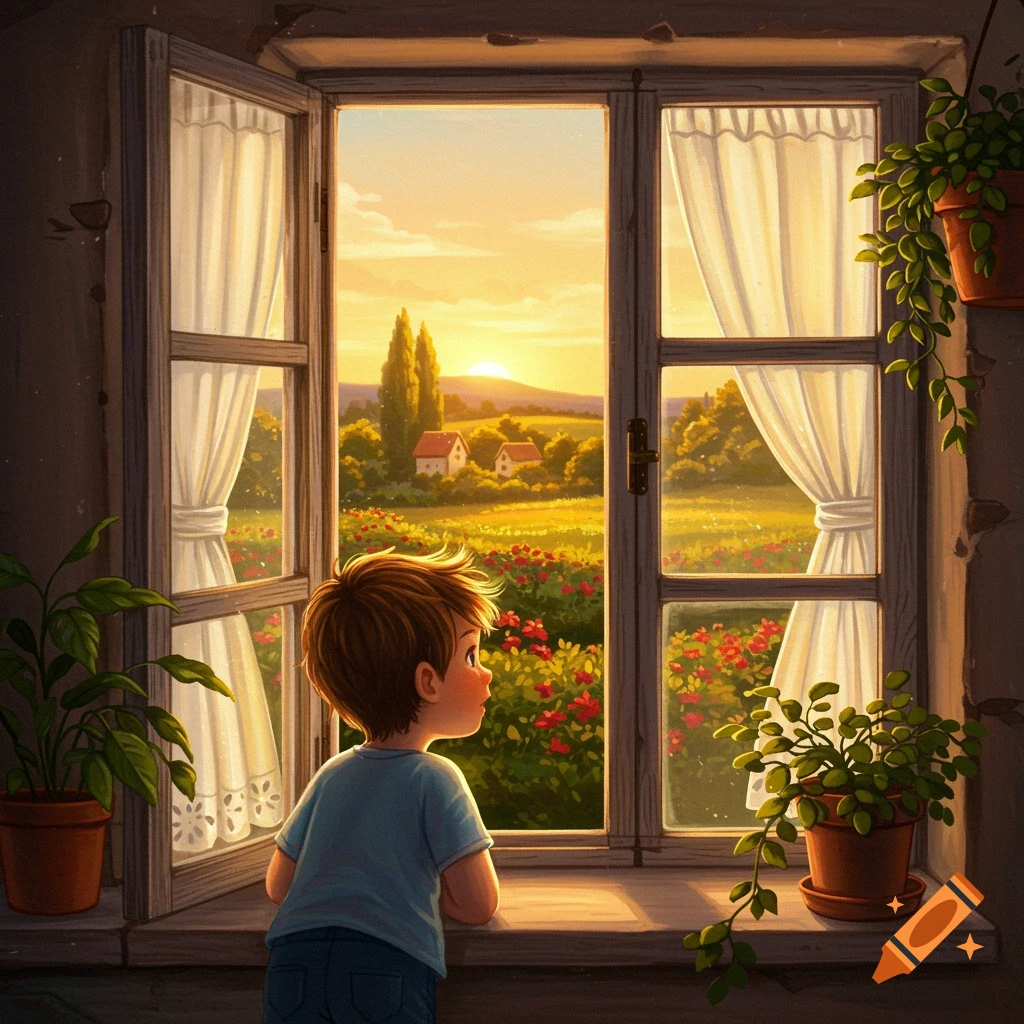 A young boy looks out an open window at a sunny countryside landscape with houses and flowers at sunset, illustrated.