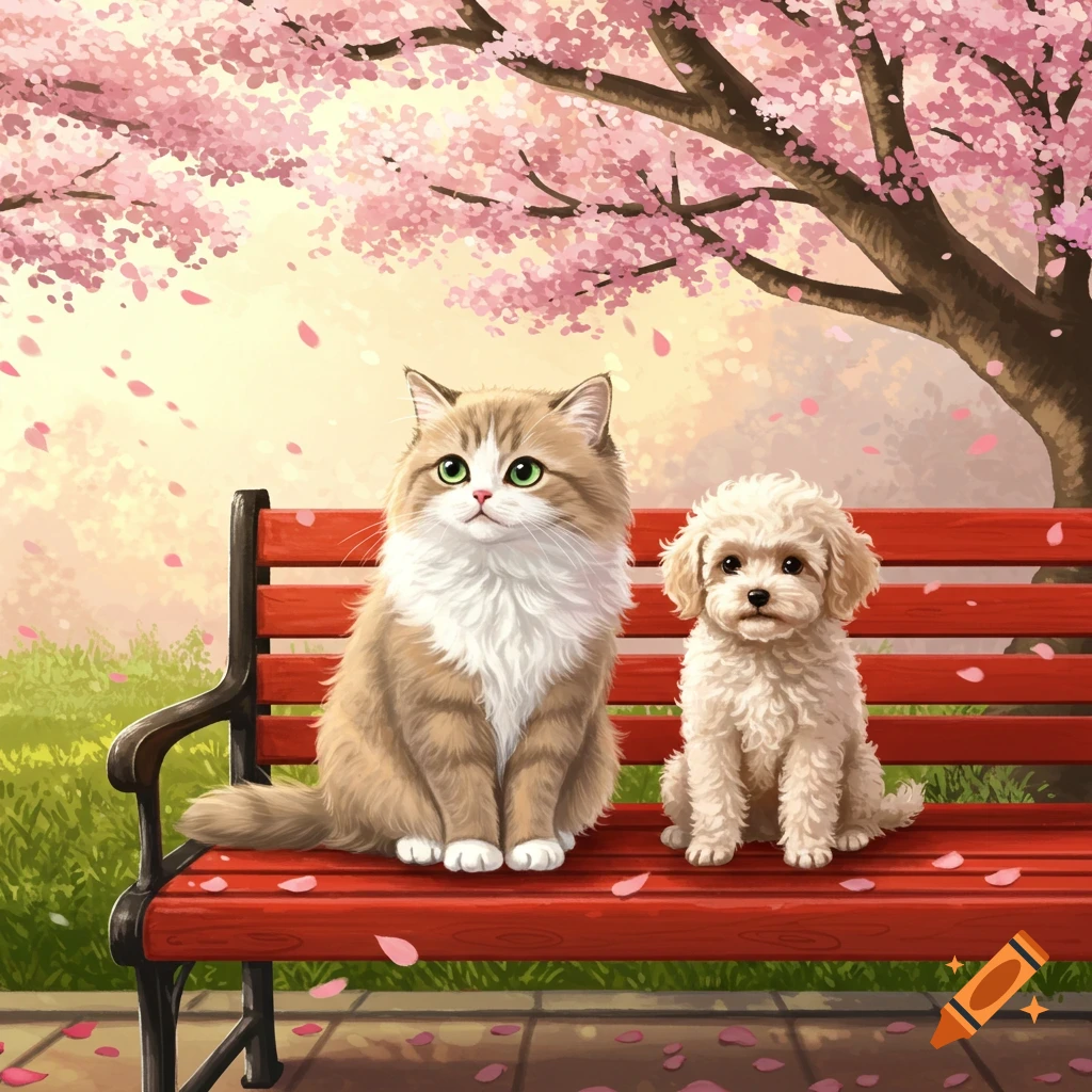 A cute fluffy cat and a white poodle puppy sit on a red park bench under a blooming pink cherry blossom tree, in an illustration style.