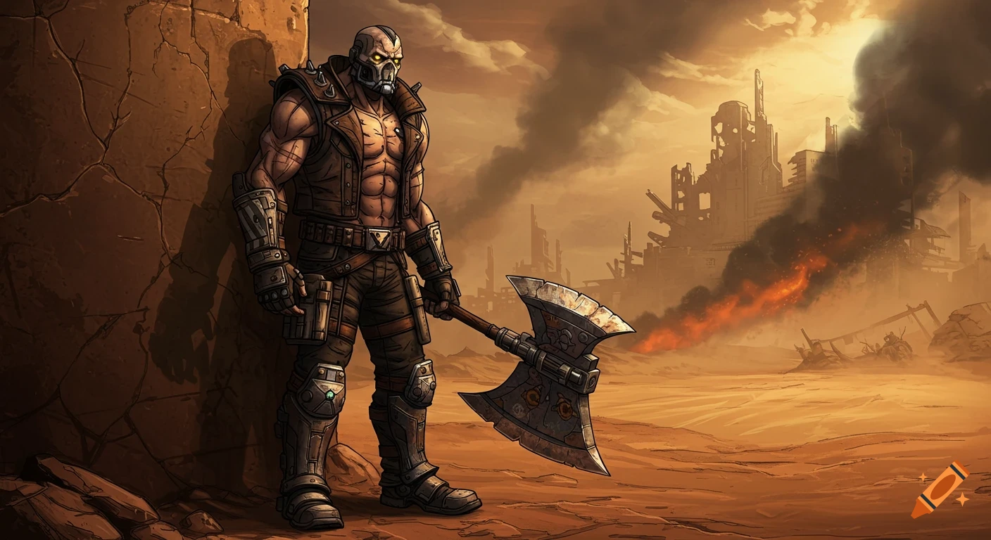 Krieg from Borderlands, a muscular man with a mask and an axe, stands in a post-apocalyptic desert with a ruined city in the background.