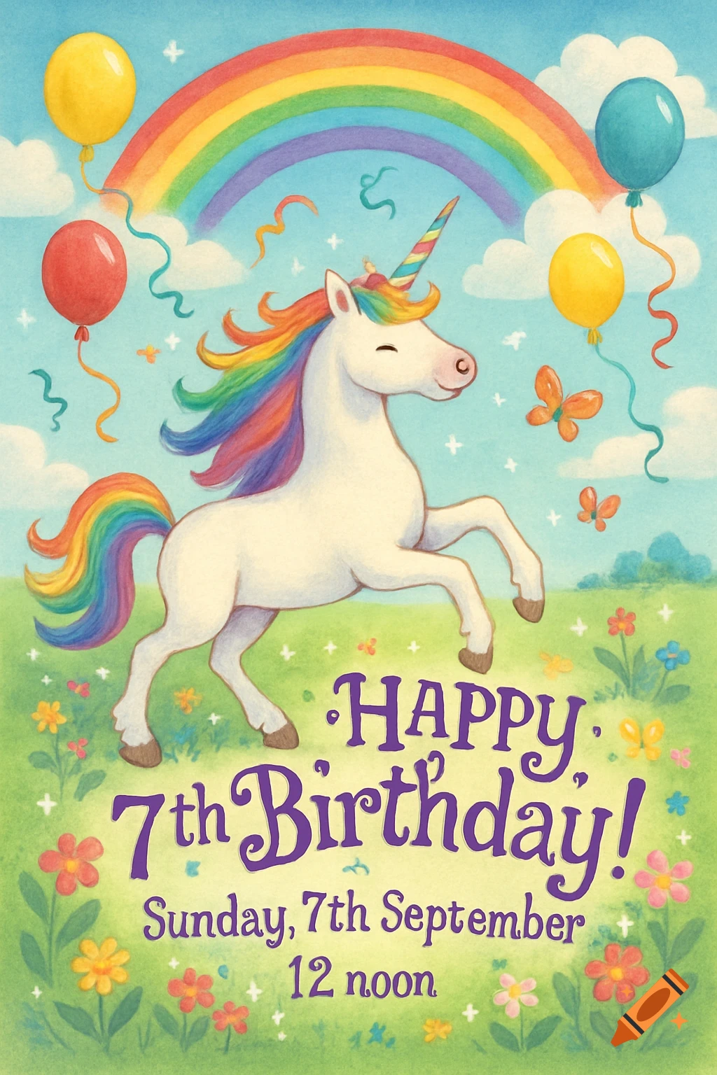 A whimsical children's illustration of a white unicorn with a rainbow mane and tail, standing in a field of flowers under a rainbow and balloons. Text reads: Happy 7th Birthday! Sunday, 7th September 12 noon.