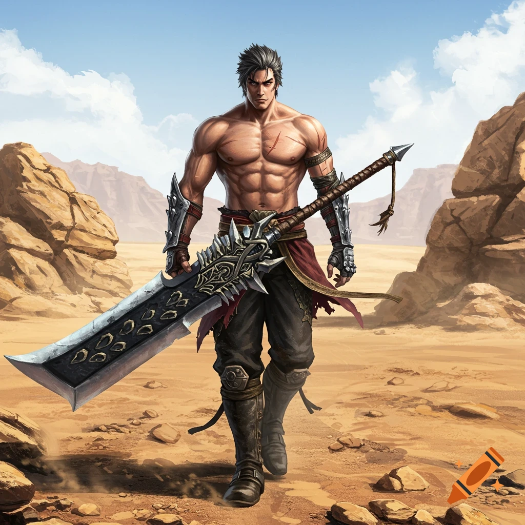 A muscular warrior with a greatsword stands in a rocky desert under a blue sky.