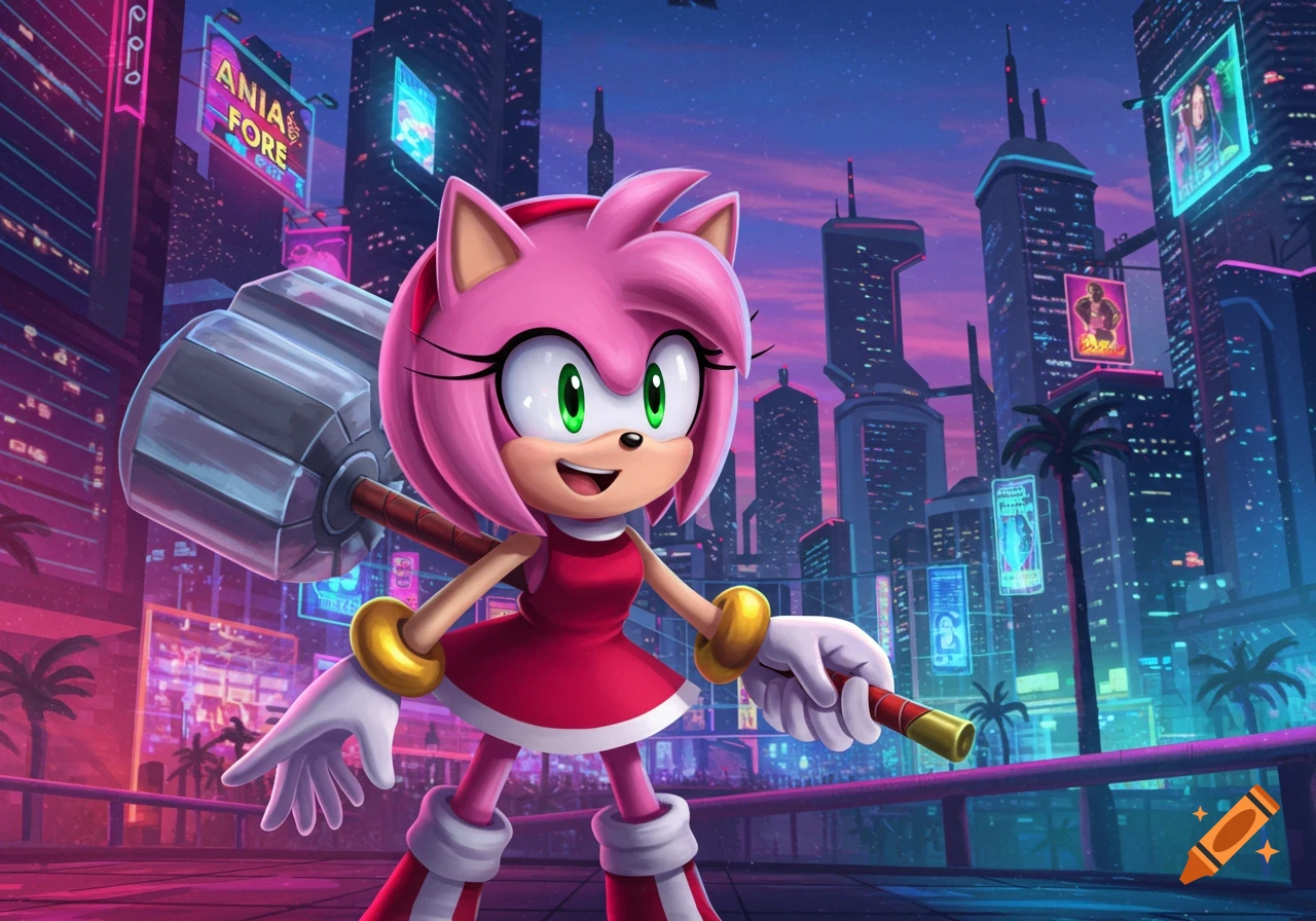 Amy Rose from Sonic the Hedgehog stands in a vibrant, neon-lit futuristic city, holding her large hammer.