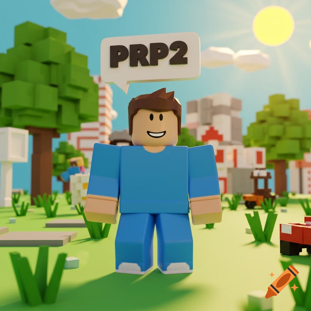 A Roblox-style character with a speech bubble saying 'PRP2' stands in a blocky, cartoon landscape under a sunny sky.