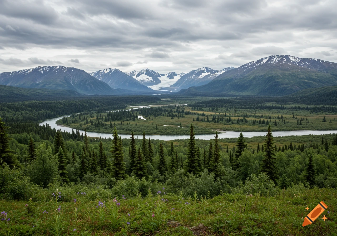Vast Alaskan landscape with snow-capped mountains, a winding river through a forest, and a cloudy sky.