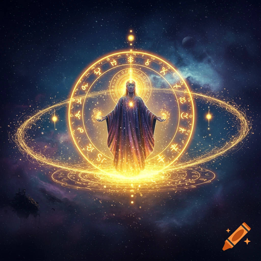 A robed figure with glowing energy stands in a cosmic void, surrounded by golden rings of arcane symbols.