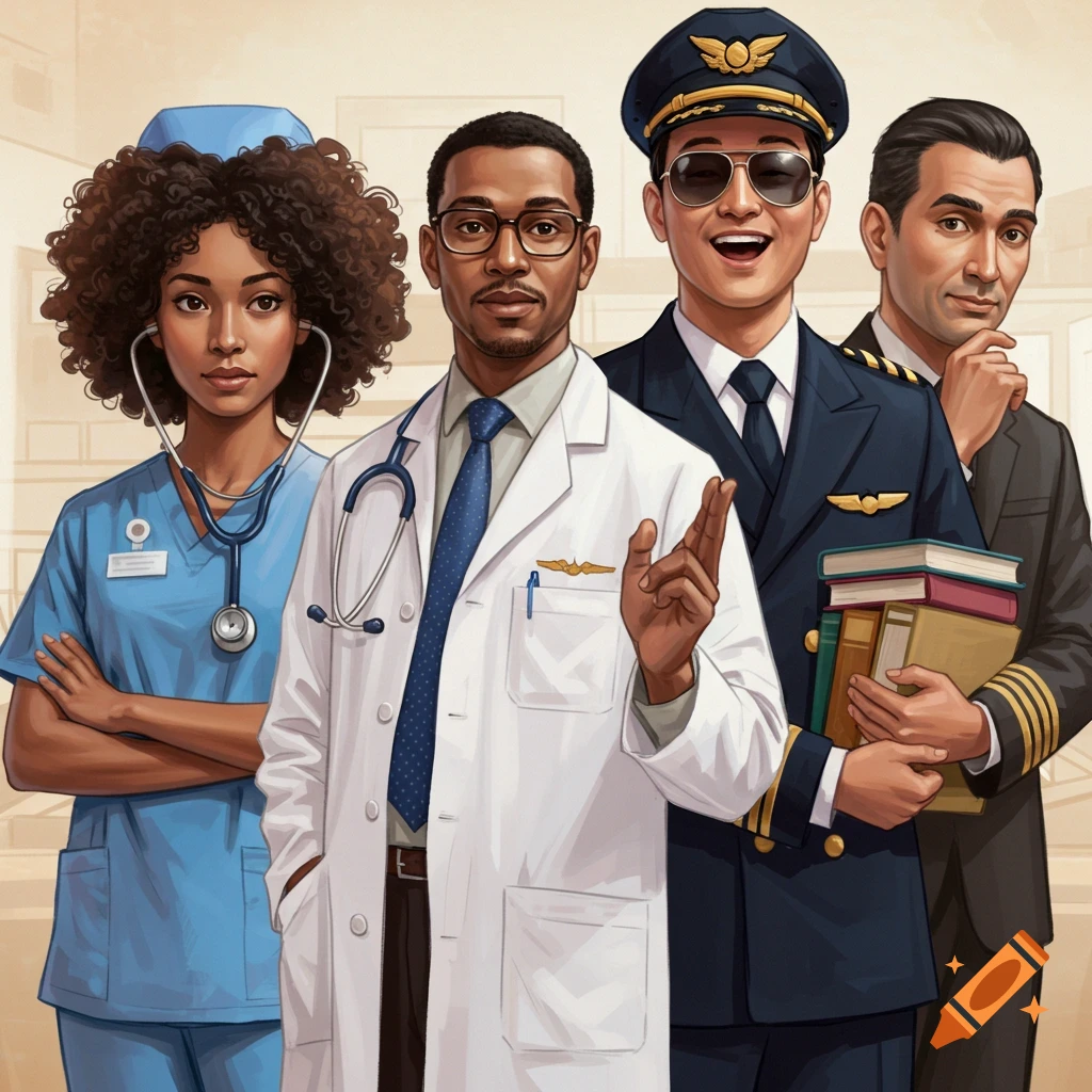 Illustration of diverse professionals: a nurse, a doctor, a pilot, and a professor holding books.