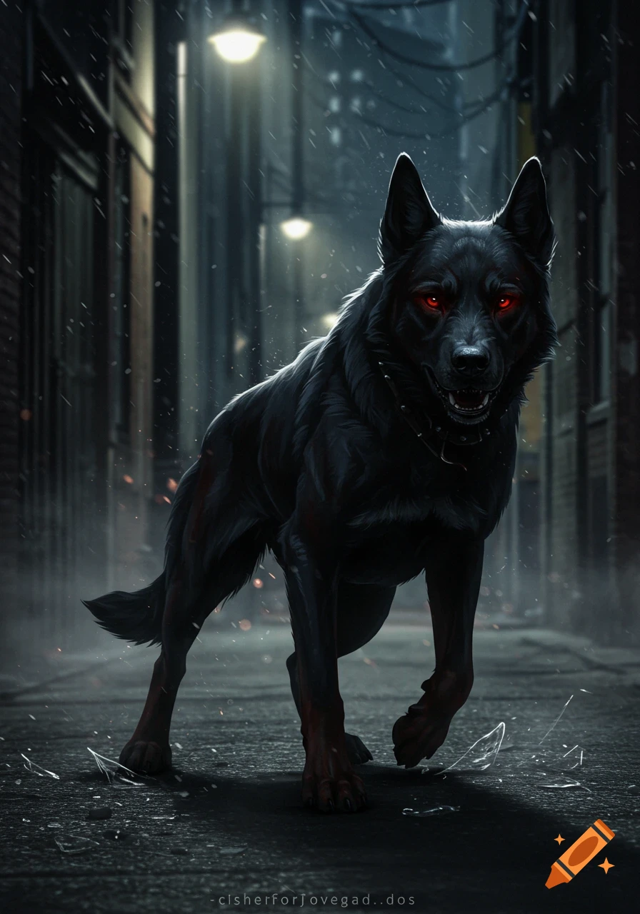 A menacing black wolf-like dog with glowing red eyes stands in a dark, rainy alley under streetlights.