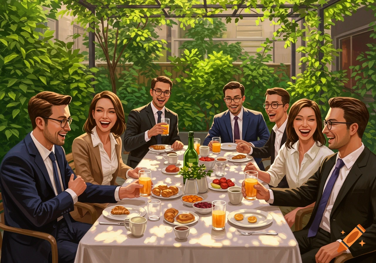 A diverse group of smiling men and women in business casual attire enjoy brunch at an outdoor table amidst lush greenery, a painterly style.