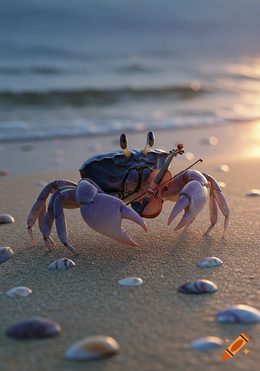 Photorealistic crab playing a tiny violin on a sandy beach with the ocean in the background at sunset.