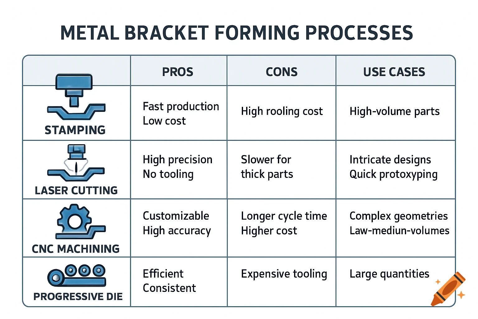 An infographic titled 'Metal Bracket Forming Processes' comparing stamping, laser cutting, CNC machining, and progressive die methods with pros, cons, and use cases.