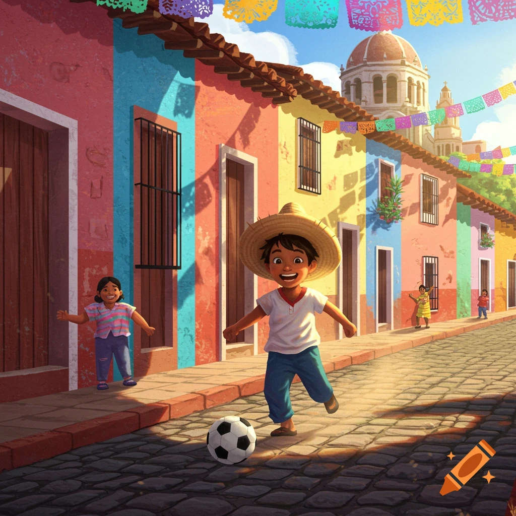 A cheerful animated boy in a sombrero plays soccer on a cobblestone street lined with colorful Mexican buildings under papel picado.