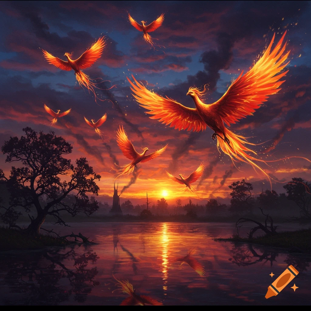 Numerous vibrant firebirds soar across a dramatic, fiery sunset sky above a reflective lake and dark, silhouetted landscape.