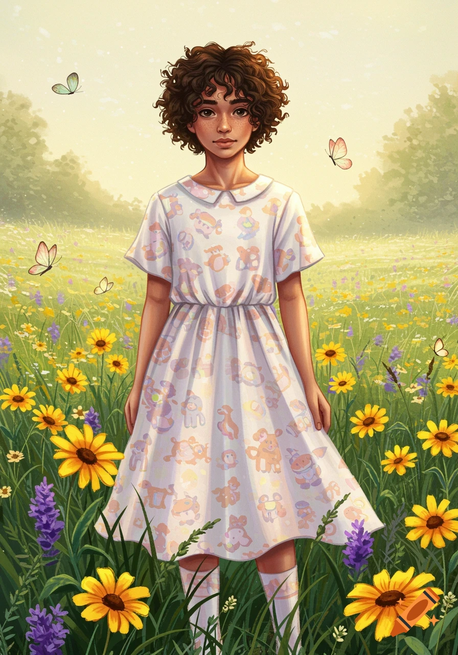 A young girl with curly hair stands in a field of wildflowers, wearing a white dress with pastel animal patterns and white socks.