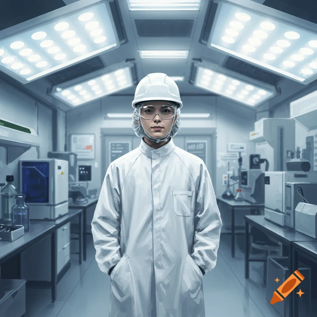 A worker in a white lab coat, hard hat, and safety glasses stands in a brightly lit cleanroom with laboratory equipment.