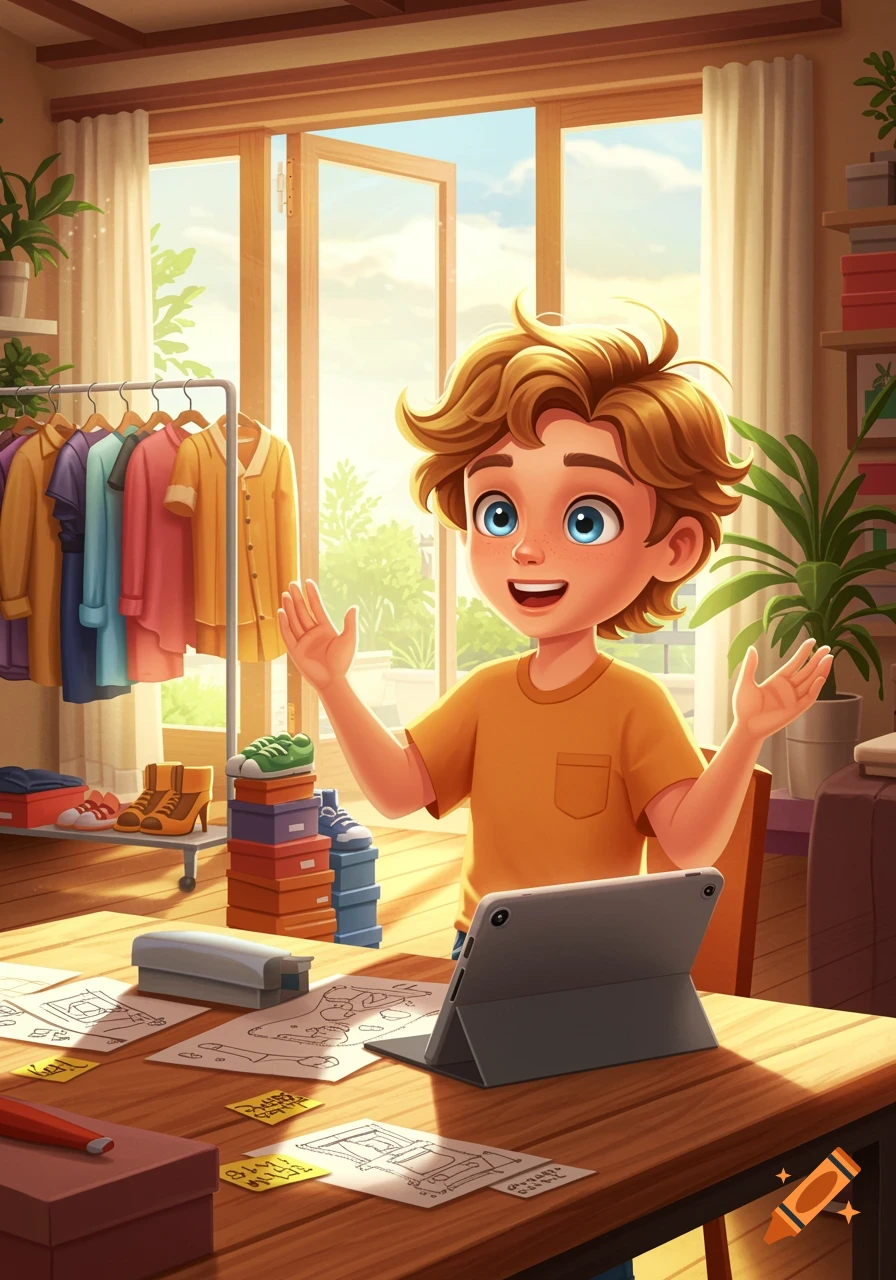Animated young boy with blue eyes and blonde hair in a sunny room, surrounded by clothes racks, shoes, and design sketches on a desk.