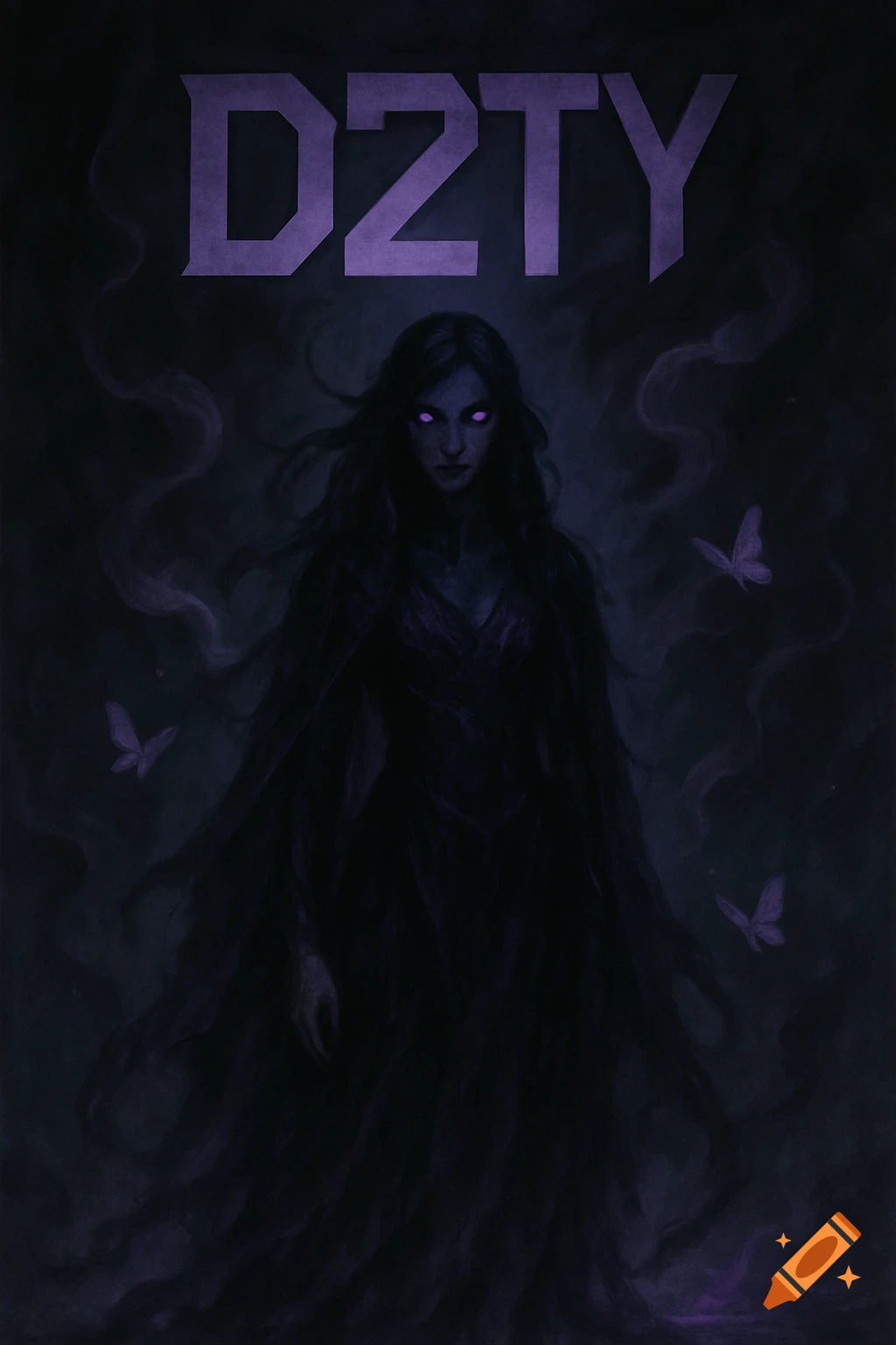Dark concept art of a mysterious woman with glowing purple eyes, a cloak, smoke, and butterflies, under a 'D2TY' logo.
