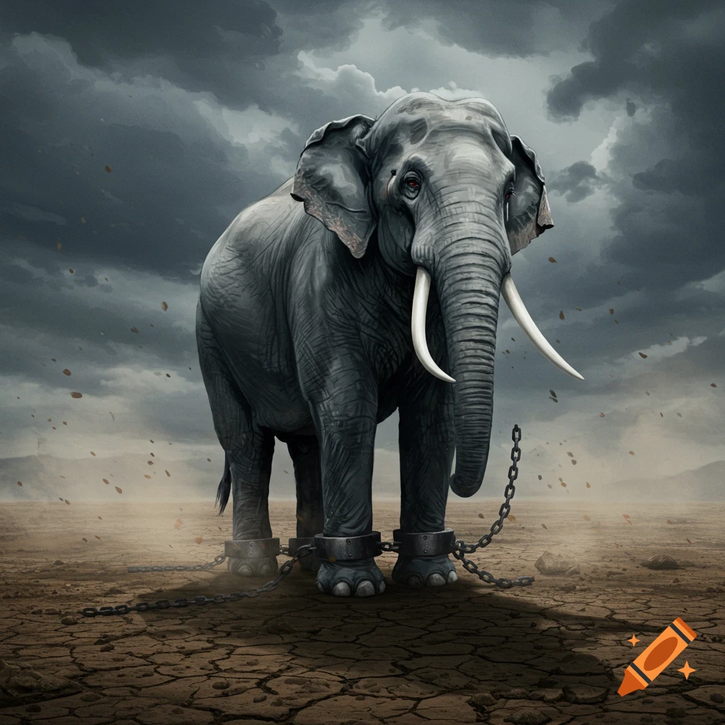 A realistic, somber digital painting of a chained elephant standing on cracked earth under a dark, cloudy sky.