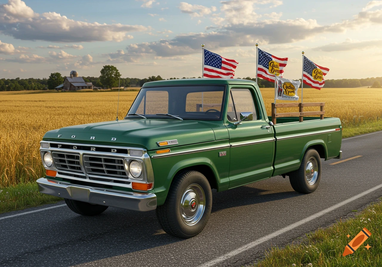 A green vintage Ford pickup truck with American flags and a Cracker Barrel flag in the bed drives on a country road next to a wheat field.