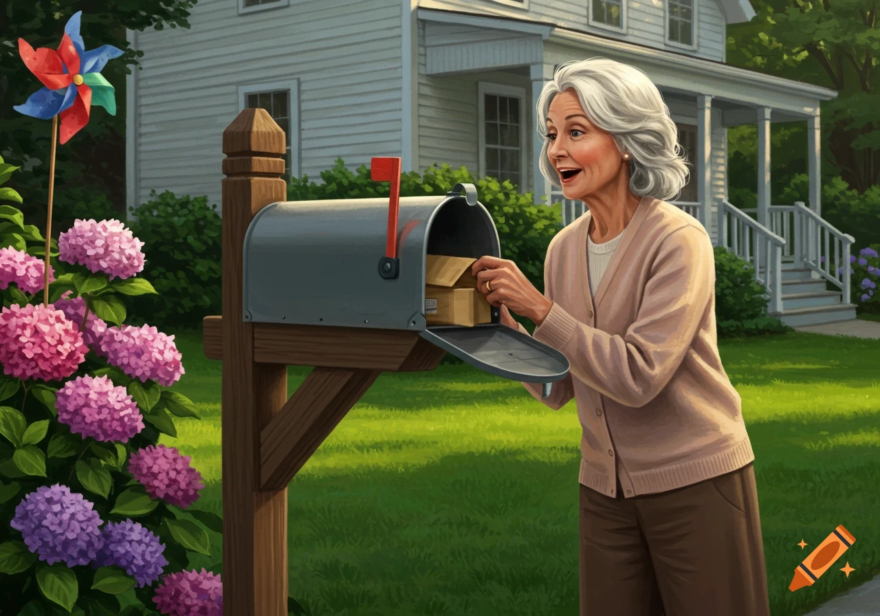 A happy older woman with white hair retrieves packages from a gray mailbox in front of a white house with hydrangeas.