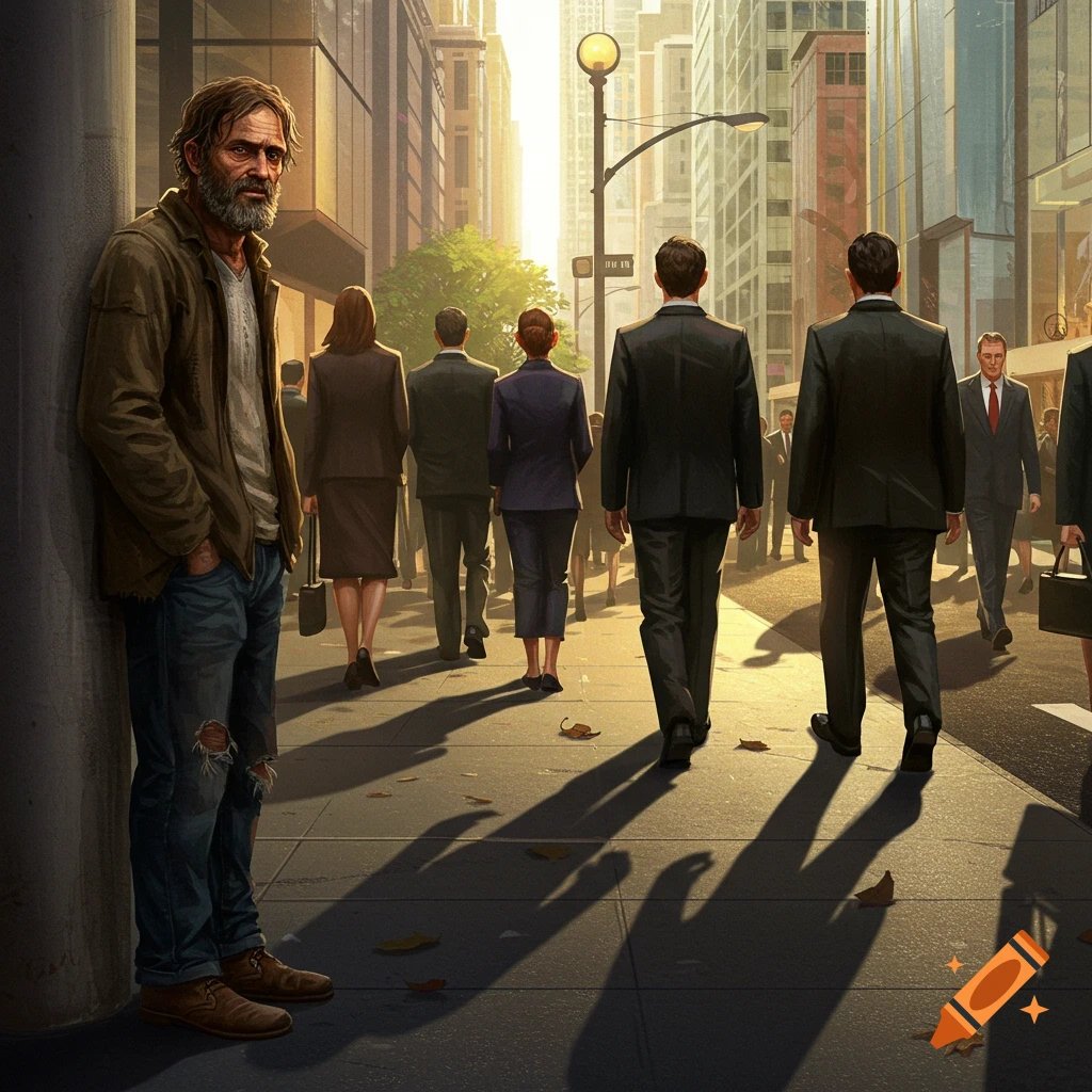 A man in torn clothes leans against a pillar on a sunny city street, watching well-dressed business people walk past.