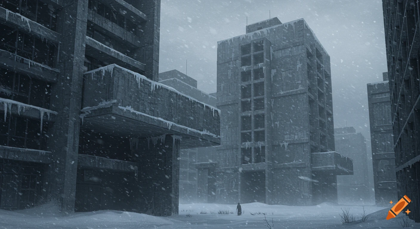 A lone figure walks through a snowy, desolate landscape of towering, concrete brutalist buildings during a blizzard.