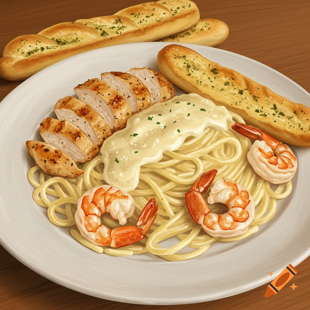 Illustrative depiction of creamy chicken and shrimp alfredo pasta with sliced chicken breast, cooked shrimp, and garlic bread.